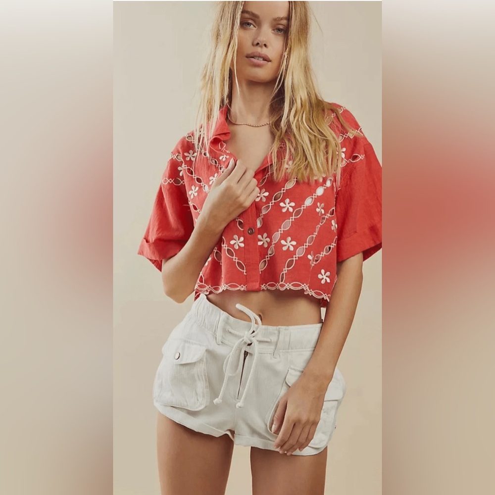 Free People Red Floral Button Down Shirt size medium